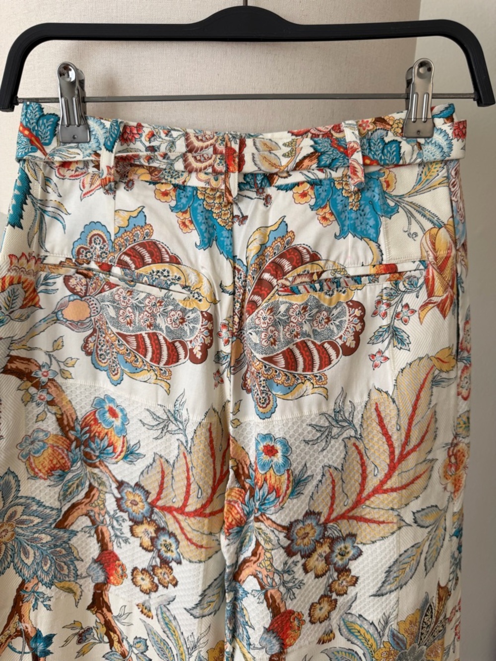 Etro Cream Floral-Paisley Wide-Leg Tie-Waist Pants with Teal and Orange Accents - Picture 7 of 9
